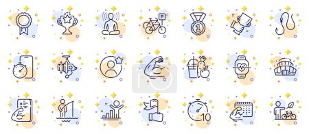 Illustration for Outline set of Eco bike, Fishing reel and Timer line icons for web app. Include Fisherman, Timer app, Reward pictogram icons. Best friend, Cardio training, Victory signs. Winner cup. Vector - Royalty Free Image