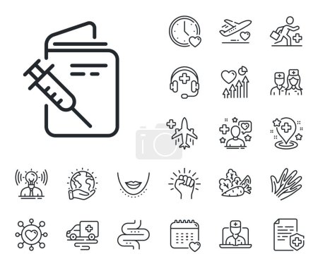Illustration for Vaccine syringe sign. Online doctor, patient and medicine outline icons. Vaccination passport line icon. Jabbed symbol. Vaccination passport line sign. Vector - Royalty Free Image