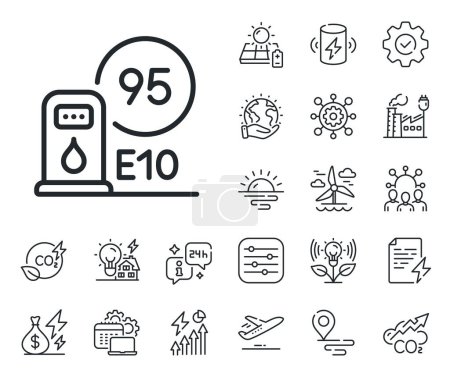 Filling station sign. Energy, Co2 exhaust and solar panel outline icons. Petrol station line icon. E10 petroleum fuel symbol. Petrol station line sign. Eco electric or wind power icon. Vector