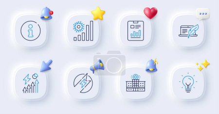 Illustration for Hospital building, Coronavirus statistics and Electric energy line icons. Buttons with 3d bell, chat speech, cursor. Pack of Report document, Info, Electricity consumption icon. Vector - Royalty Free Image