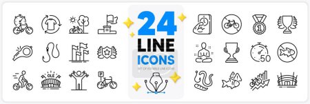 Illustration for Icons set of Laureate, Fish and Arena stadium line icons pack for app with Cyclist, Hook, Yoga thin outline icon. Stop fishing, Sports arena, Bicycle pictogram. Bicycle prohibited, Worms. Vector - Royalty Free Image