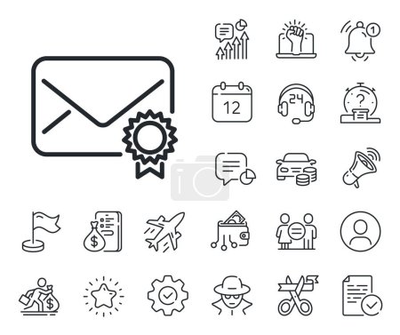 Illustration for Confirmed Message correspondence sign. Salaryman, gender equality and alert bell outline icons. Verified Mail line icon. E-mail symbol. Verified Mail line sign. Spy or profile placeholder icon. Vector - Royalty Free Image