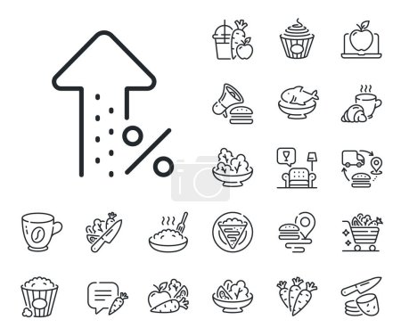 Illustration for Discount sign. Crepe, sweet popcorn and salad outline icons. Increasing percent line icon. Credit percentage growing symbol. Increasing percent line sign. Pasta spaghetti, fresh juice icon. Vector - Royalty Free Image