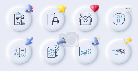 Illustration for Inspect, Technical algorithm and Info line icons. Buttons with 3d bell, chat speech, cursor. Pack of Project deadline, Education, Financial diagram icon. Phone wallet, Discrimination pictogram. Vector - Royalty Free Image