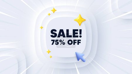 Illustration for Sale 75 percent off discount. Neumorphic banner with sunburst. Promotion price offer sign. Retail badge symbol. Sale message. Banner with 3d cursor. Circular neumorphic template. Vector - Royalty Free Image