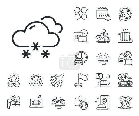 Illustration for Clouds with snowflake sign. Plane jet, travel map and baggage claim outline icons. Snow weather forecast line icon. Cloudy sky symbol. Snow weather line sign. Car rental, taxi transport icon. Vector - Royalty Free Image