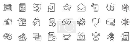 Illustration for Icons pack as Food delivery, Place and Compliance line icons for app include Communication, Supply chain, Puzzle game outline thin icon web set. Dislike hand, International globe. Vector - Royalty Free Image