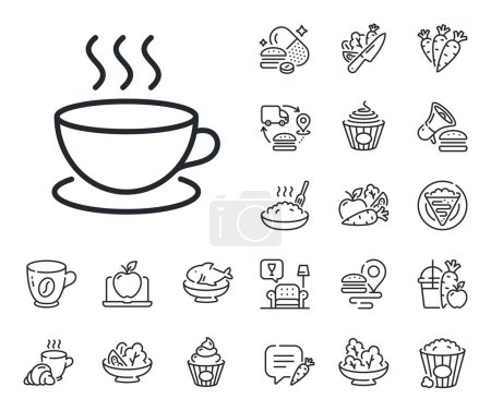 Illustration for Hot cup sign. Crepe, sweet popcorn and salad outline icons. Coffee drink line icon. Fresh beverage symbol. Cappuccino line sign. Pasta spaghetti, fresh juice icon. Supply chain. Vector - Royalty Free Image