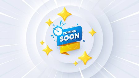 Illustration for Coming soon paper banner. Neumorphic offer 3d banner, coupon. Timer announcement tag. New open time icon. Coming soon promo event background. Sunburst banner, flyer or poster. Vector - Royalty Free Image