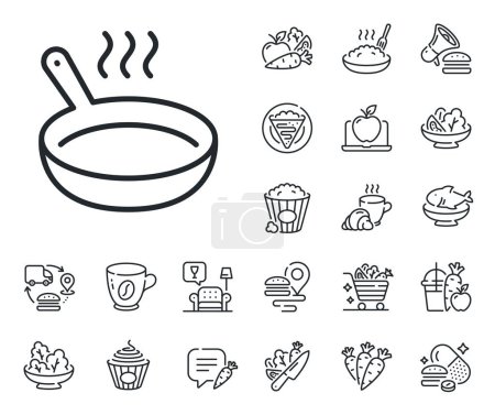 Illustration for Cooking sign. Crepe, sweet popcorn and salad outline icons. Frying pan line icon. Food preparation symbol. Frying pan line sign. Pasta spaghetti, fresh juice icon. Supply chain. Vector - Royalty Free Image