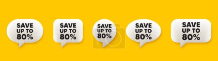 Illustration for Save up to 80 percent tag. 3d chat speech bubbles set. Discount Sale offer price sign. Special offer symbol. Discount talk speech message. Talk box infographics. Vector - Royalty Free Image