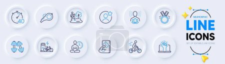 Illustration for Timer, Fishing place and Best friend line icons for web app. Pack of Yoga, Cyclist, Electric bike pictogram icons. Honor, Empower, Dumbbells signs. Whistle, Yoga balance, Fitness. Vector - Royalty Free Image