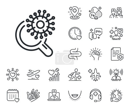 Illustration for Search Covid-19 virus vaccine sign. Online doctor, patient and medicine outline icons. Coronavirus research line icon. Corona virus test symbol. Coronavirus research line sign. Vector - Royalty Free Image