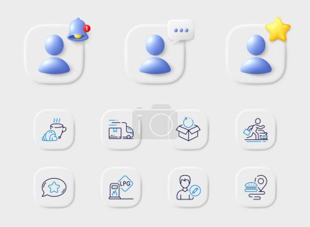 Illustration for Delivery truck, Edit person and Favorite chat line icons. Placeholder with 3d star, reminder bell, chat. Pack of Car rental, Return package, Gas station icon. Vector - Royalty Free Image