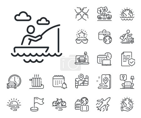 Illustration for Fisherman with rod sign. Plane jet, travel map and baggage claim outline icons. Boat fishing line icon. Catching fish symbol. Boat fishing line sign. Car rental, taxi transport icon. Vector - Royalty Free Image