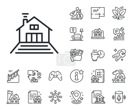 Illustration for House architecture sign. Floor plan, stairs and lounge room outline icons. Terrace line icon. Flat roof symbol. Terrace line sign. House mortgage, sell building icon. Real estate. Vector - Royalty Free Image
