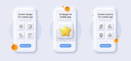 Illustration for Smartphone, Phone service and Journey line icons pack. 3d phone mockups with star. Glass smartphone screen. Chemistry flask, Attached info, Send box web icon. Air balloon, Squad pictogram. Vector - Royalty Free Image