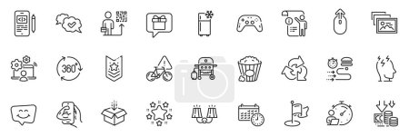 Illustration for Icons pack as Sconce light, Smile chat and Gas grill line icons for app include Fitness, Online job, Food delivery outline thin icon web set. Stars, Photo album, Timer pictogram. Get box. Vector - Royalty Free Image