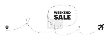 Illustration for Weekend Sale tag. Plane travel path line banner. Special offer price sign. Advertising Discounts symbol. Weekend sale speech bubble message. Plane location route. Dashed line. Vector - Royalty Free Image