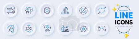 Illustration for Deckchair, Sun protection and Piggy sale line icons for web app. Pack of Love, Eco bike, Roller coaster pictogram icons. Fishfinder, Sleep, Gamepad signs. Delivery, Insomnia, Shopping cart. Vector - Royalty Free Image