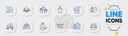 Illustration for Voting hands, Work home and Hand washing line icons for web app. Pack of Lgbt, Wash hands, Hearing pictogram icons. Business statistics, Medical mask, Build signs. Noise, Teamwork. Vector - Royalty Free Image