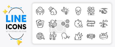 Illustration for Windmill turbine, Journey path and Flash memory line icons set for app include Difficult stress, Fire energy, International copyright outline thin icon. Safe time, Medical helicopter. Vector - Royalty Free Image