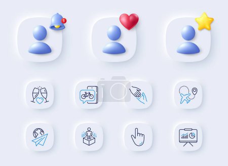 Illustration for Augmented reality, Presentation and Bike app line icons. Placeholder with 3d bell, star, heart. Pack of Helping hand, Cursor, Wedding glasses icon. Paper plane, Airplane pictogram. Vector - Royalty Free Image