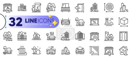 Illustration for Outline set of Triangle area, Lighthouse and Buildings line icons for web with Market location, Construction building, Entrance thin icon. Delivery man, Painter, Open door pictogram icon. Vector - Royalty Free Image