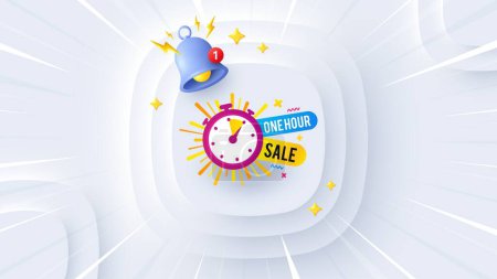 Illustration for One hour sale banner. Neumorphic offer 3d banner, poster. Discount sticker shape. Special offer timer icon. One hour promo event background. Sunburst banner, flyer or coupon. Vector - Royalty Free Image