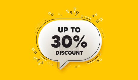 Illustration for Up to 30 percent discount. 3d speech bubble yellow banner. Sale offer price sign. Special offer symbol. Save 30 percentages. Discount tag chat speech bubble message. Talk box infographics. Vector - Royalty Free Image