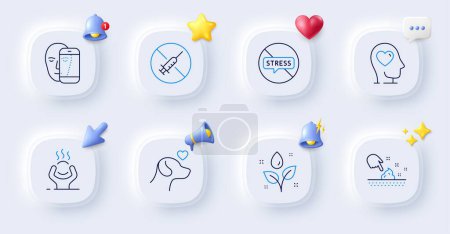 Illustration for Difficult stress, Stop stress and No vaccine line icons. Buttons with 3d bell, chat speech, cursor. Pack of Skin moisture, Face biometrics, Plants watering icon. Vector - Royalty Free Image