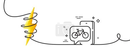 Téléchargez les illustrations : Icône de ligne d'application vélo. Continu une ligne avec boucle. Panneau de transport vélo ville. Louez un vélocipède par téléphone symbole. App vélo ruban contour unique. Courbe de boucle avec énergie. Vecteur - en licence libre de droit