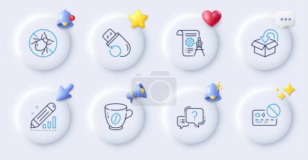 Illustration for Divider document, Return package and Flash memory line icons. Buttons with 3d bell, chat speech, cursor. Pack of Card, Question mark, Bed bugs icon. Edit statistics, Coffee pictogram. Vector - Royalty Free Image