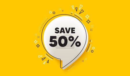 Photo for Save 50 percent off tag. 3d speech bubble yellow banner. Sale Discount offer price sign. Special offer symbol. Discount chat speech bubble message. Talk box infographics. Vector - Royalty Free Image