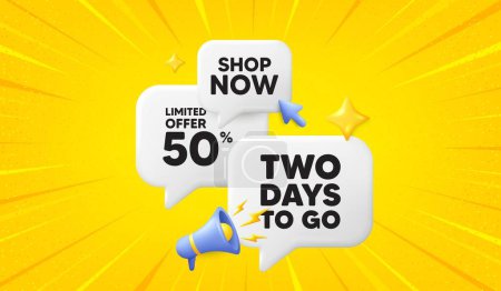 Illustration for 2 days to go tag. 3d offer chat speech bubbles. Special offer price sign. Advertising discounts symbol. 2 days to go speech bubble 3d message. Talk box megaphone banner. Vector - Royalty Free Image