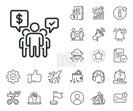 Illustration for Employees chat sign. Salaryman, gender equality and alert bell outline icons. Teamwork line icon. Core value symbol. Teamwork line sign. Spy or profile placeholder icon. Online support, strike. Vector - Royalty Free Image
