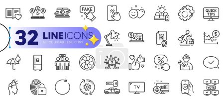 Illustration for Outline set of Copywriting notebook, Video conference and Discount button line icons for web with Car rental, Security app, Cogwheel thin icon. Online voting, Fake information. Vector - Royalty Free Image