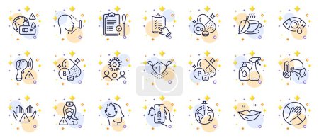 Illustration for Outline set of Dont touch, Vaccine announcement and Mint tea line icons for web app. Include Pandemic vaccine, Electronic thermometer, Medical mask pictogram icons. Stress, Nasal test. Vector - Royalty Free Image