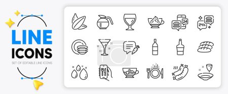 Illustration for Wine bottle, Food and Wine glass line icons set for app include Restaurant app, Cold coffee, Water drop outline thin icon. Coffeepot, Sunflower seed, Food app pictogram icon. Chat bubble. Vector - Royalty Free Image