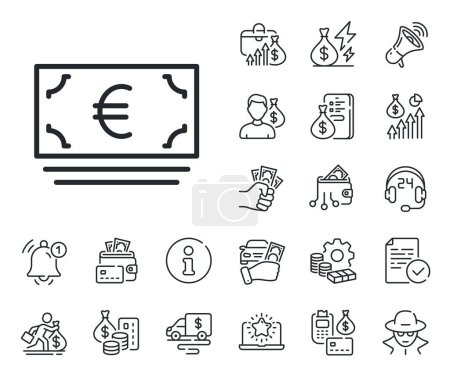 Illustration for Banking currency sign. Cash money, loan and mortgage outline icons. Cash money line icon. Euro or EUR symbol. Euro currency line sign. Credit card, crypto wallet icon. Inflation, job salary. Vector - Royalty Free Image