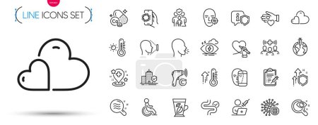 Illustration for Pack of Improving safety, Electronic thermometer and Vaccination appointment line icons. Include Face biometrics, Skin condition, Digestion pictogram icons. Calcium mineral. Vector - Royalty Free Image