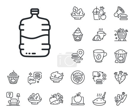 Illustration for Still aqua drink sign. Crepe, sweet popcorn and salad outline icons. Water cooler bottle line icon. Liquid symbol. Cooler bottle line sign. Pasta spaghetti, fresh juice icon. Supply chain. Vector - Royalty Free Image