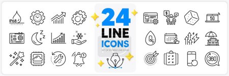 Illustration for Icons set of Moon, Waterproof and Accounting line icons pack for app with Magic wand, Dice, Motherboard thin outline icon. Cloud computing, Demand curve, Reminder pictogram. Vector - Royalty Free Image
