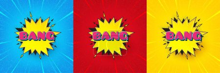 Illustration for Bang comic cartoon bubble banner. Sunburst offer banner, flyer or poster. Discount sticker shape. Cartoon boom icon. Bang bubble promo event banner. Starburst pop art coupon. Special deal. Vector - Royalty Free Image