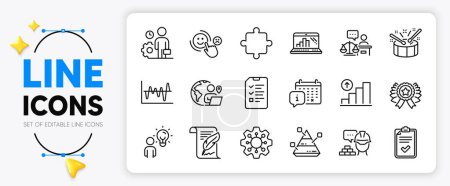 Illustration for Calendar, Employee and Graph chart line icons set for app include Build, Winner ribbon, Drums outline thin icon. Execute, Graph laptop, Puzzle pictogram icon. Outsource work. Vector - Royalty Free Image