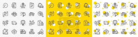 Illustration for Outline Home charging, Map and Delivery truck line icons pack for web with Pin marker, Air balloon, Canister line icon. Rise price, Confirmed flight, Baggage reclaim pictogram icon. Vector - Royalty Free Image