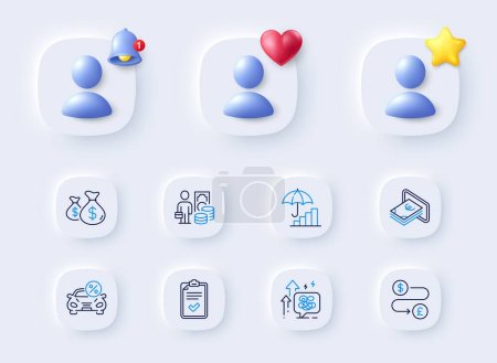 Illustration for Inflation, Money profit and Car leasing line icons. Placeholder with 3d bell, star, heart. Pack of Money transfer, Cash, Stress grows icon. Coins bags, Checklist pictogram. Vector - Royalty Free Image