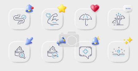 Illustration for Difficult stress, Umbrella and Moisturizing cream line icons. Buttons with 3d bell, chat speech, cursor. Pack of Medical chat, Clean skin, Digestion icon. Strong arm, Uv protection pictogram. Vector - Royalty Free Image