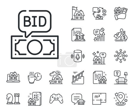 Illustration for Auction sign. Floor plan, stairs and lounge room outline icons. Bid offer line icon. Raise the price up symbol. Bid offer line sign. House mortgage, sell building icon. Real estate. Vector - Royalty Free Image