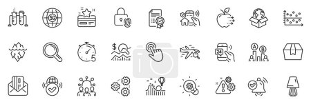 Illustration for Icons pack as Chemistry beaker, Search flight and Fingerprint lock line icons for app include Timer, 5g internet, House security outline thin icon web set. Ab testing, Research. Vector - Royalty Free Image